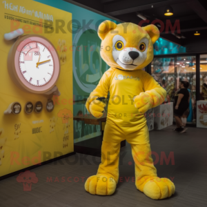 Lemon Yellow Mountain Lion mascot costume character dressed with a Playsuit and Digital watches