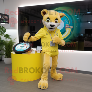 Lemon Yellow Mountain Lion mascot costume character dressed with a Playsuit and Digital watches