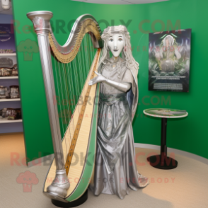 Silver Celtic Harp mascot costume character dressed with a Blouse and Bracelet watches