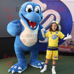 Blue Titanoboa mascot costume character dressed with a Rugby Shirt and Hair clips