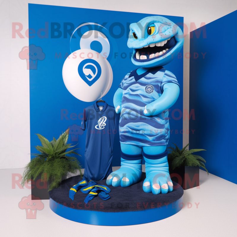Blue Titanoboa mascot costume character dressed with a Rugby Shirt and Hair clips Blue Titanoboa mascot costume character dressed with a Rugby Shirt and Hair clips