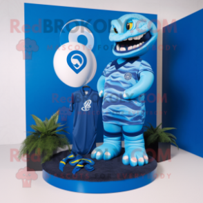 Blue Titanoboa mascot costume character dressed with a Rugby Shirt and Hair clips