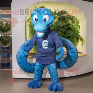 Blue Titanoboa mascot costume character dressed with a Rugby Shirt and Hair clips