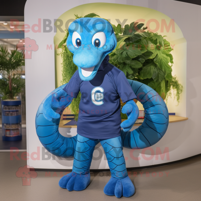 Blue Titanoboa mascot costume character dressed with a Rugby Shirt and Hair clips