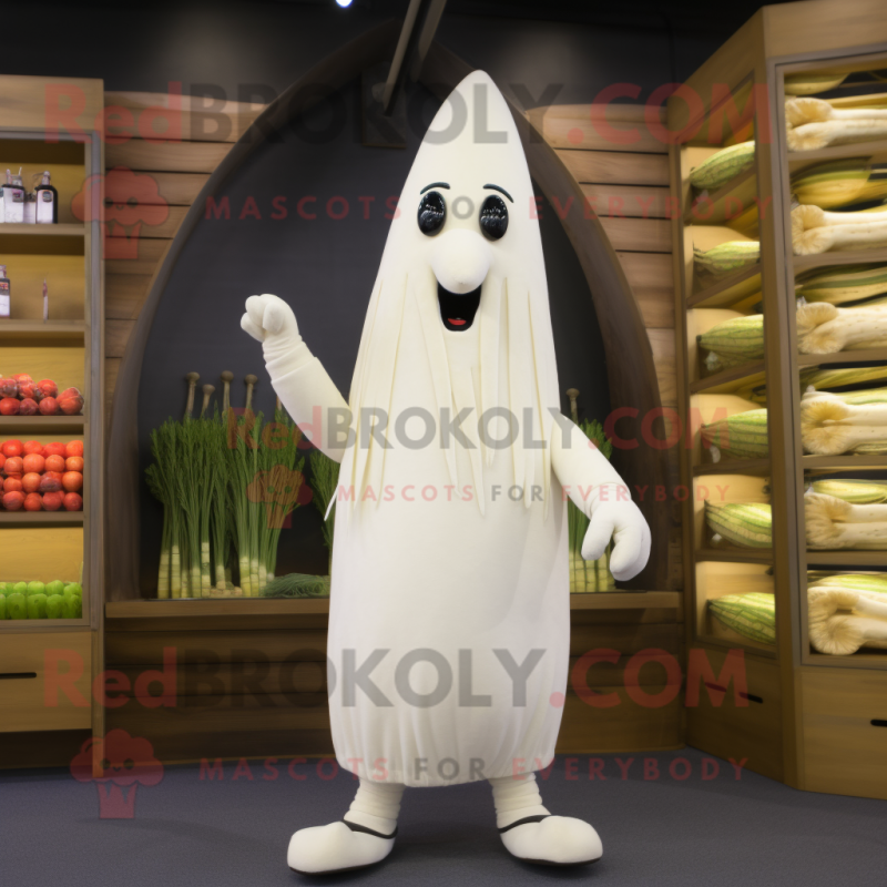 White Asparagus mascot costume character dressed with a Shorts and Earrings White Asparagus mascot costume character dressed with a Shorts and Earrings