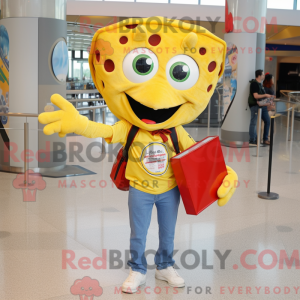 Geel pizza-mascottekostuum...