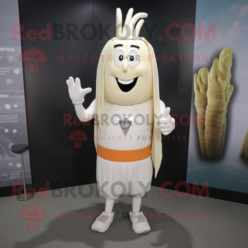 White Asparagus mascot costume character dressed with a Shorts and Earrings White Asparagus mascot costume character dressed with a Shorts and Earrings
