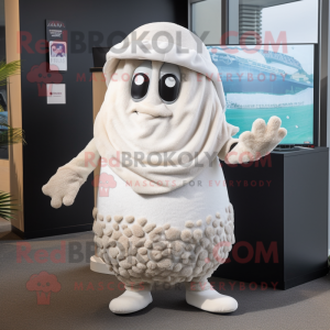 White Oyster mascot costume character dressed with a Cardigan and Beanies