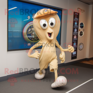 Beige Octopus mascot costume character dressed with a Running Shorts and Hat pins