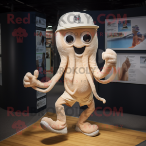 Beige Octopus mascot costume character dressed with a Running Shorts and Hat pins