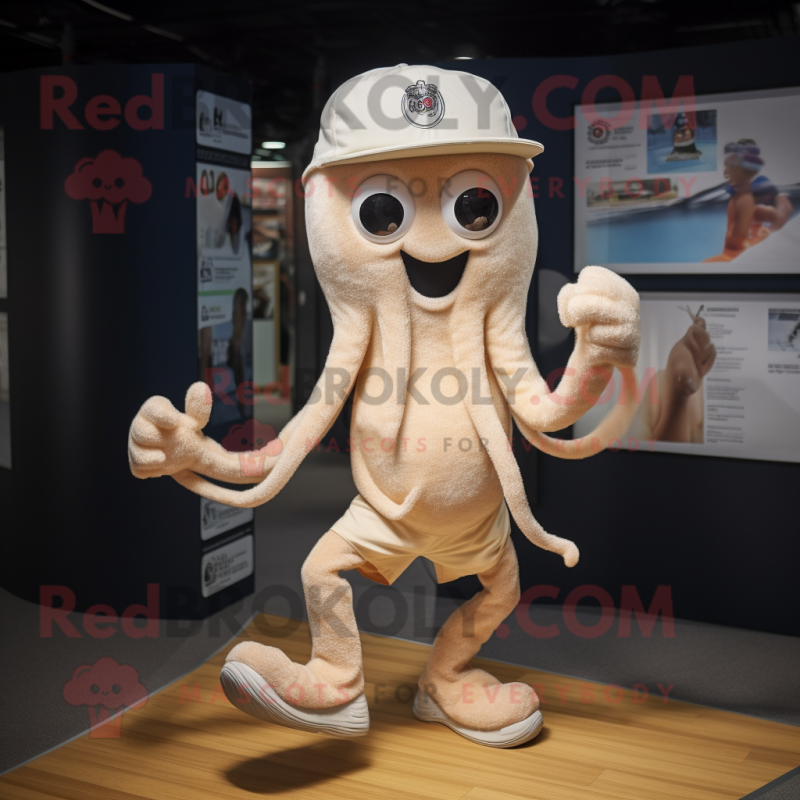 Beige Octopus mascot costume character dressed with a Running Shorts and Hat pins Beige Octopus mascot costume character dressed with a Running Shorts and Hat pins