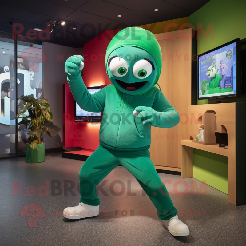 Green Contortionist mascot costume character dressed with a Trousers and Beanies Green Contortionist mascot costume character dressed with a Trousers and Beanies