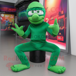 Green Contortionist mascot costume character dressed with a Trousers and Beanies