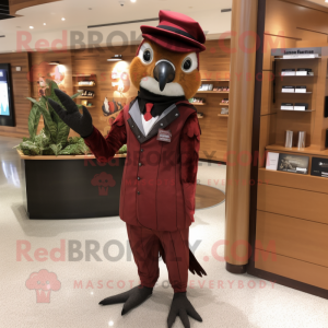 Maroon Woodpecker mascot costume character dressed with a Bodysuit and Pocket squares