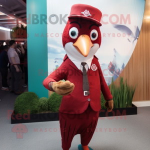 Maroon Woodpecker mascot costume character dressed with a Bodysuit and Pocket squares