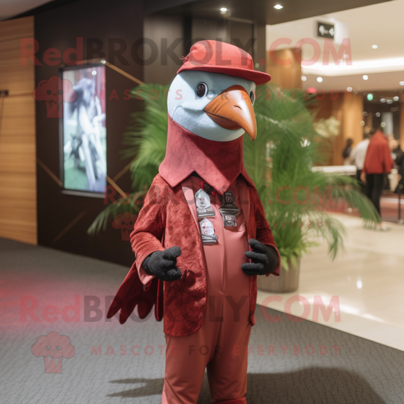 Maroon Woodpecker mascot costume character dressed with a Bodysuit and Pocket squares