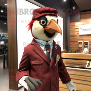 Maroon Woodpecker mascot costume character dressed with a Bodysuit and Pocket squares