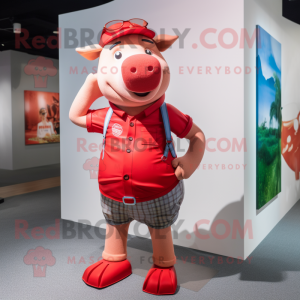 Red Pig mascot costume character dressed with a Board Shorts and Suspenders