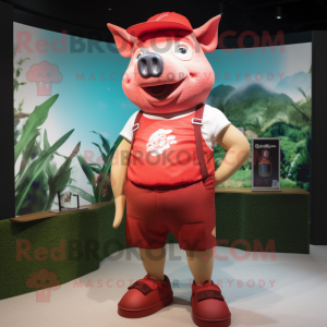 Red Pig mascot costume character dressed with a Board Shorts and Suspenders