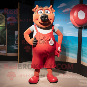 Red Pig mascot costume character dressed with a Board Shorts and Suspenders