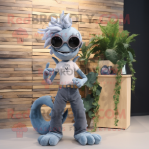 Gray Hydra mascot costume character dressed with a Flare Jeans and Eyeglasses