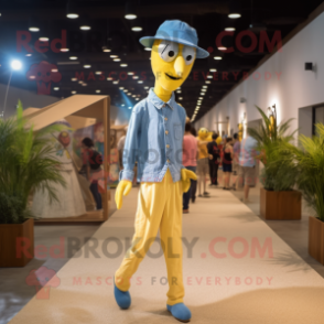 Yellow Stilt Walker mascot costume character dressed with a Chambray Shirt and Suspenders