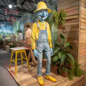 Yellow Stilt Walker mascot costume character dressed with a Chambray Shirt and Suspenders