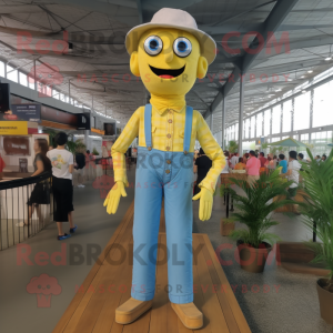 Yellow Stilt Walker mascot costume character dressed with a Chambray Shirt and Suspenders