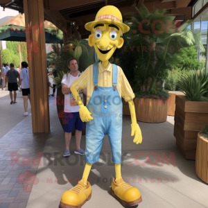 Yellow Stilt Walker mascot costume character dressed with a Chambray Shirt and Suspenders