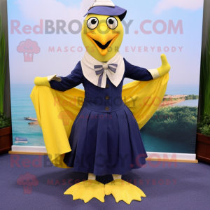 Navy Canary mascot costume character dressed with a Maxi Skirt and Scarves