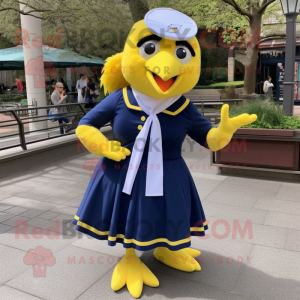 Navy Canary mascot costume character dressed with a Maxi Skirt and Scarves