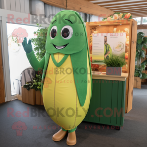 Yellow Green Bean mascot costume character dressed with a Henley Tee and Earrings