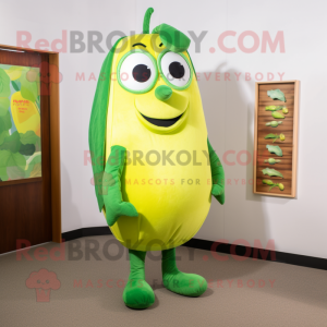 Yellow Green Bean mascot costume character dressed with a Henley Tee and Earrings