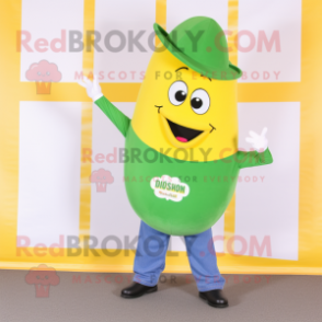 Yellow Green Bean mascot costume character dressed with a Henley Tee and Earrings