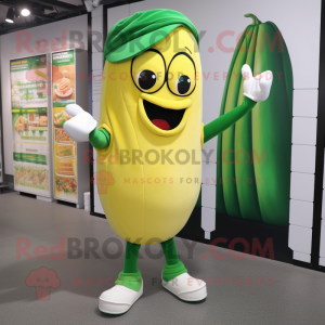 Yellow Green Bean mascot costume character dressed with a Henley Tee and Earrings