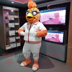 Peach Chicken mascot costume character dressed with a Rash Guard and Digital watches