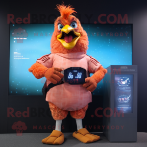 Peach Chicken mascot costume character dressed with a Rash Guard and Digital watches