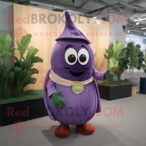 Lavender Eggplant mascot costume character dressed with a Wrap Dress and Lapel pins