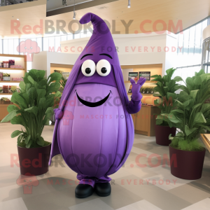 Lavender Eggplant mascot costume character dressed with a Wrap Dress and Lapel pins