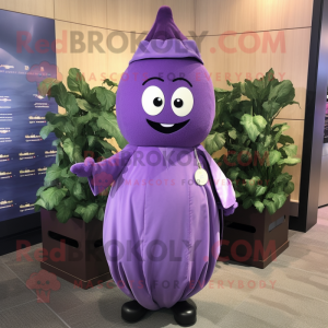 Lavender Eggplant mascot costume character dressed with a Wrap Dress and Lapel pins