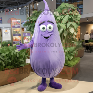 Lavender Eggplant mascot costume character dressed with a Wrap Dress and Lapel pins