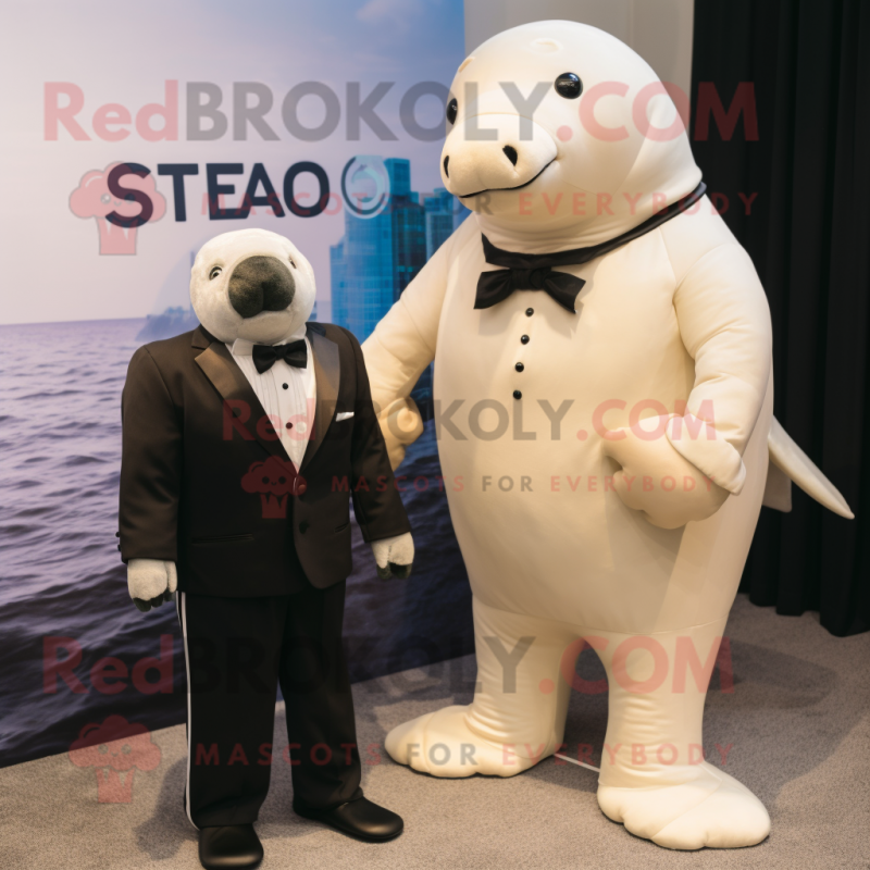 Beige Stellar'S Sea Cow mascot costume character dressed with a Tuxedo and Smartwatches