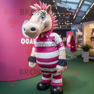 Pink Quagga mascot costume character dressed with a Rugby Shirt and Lapel pins