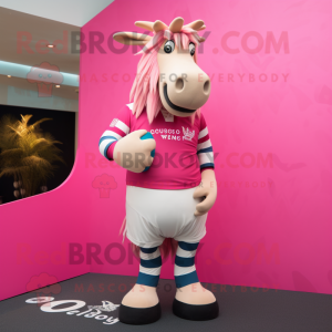 Pink Quagga mascot costume character dressed with a Rugby Shirt and Lapel pins