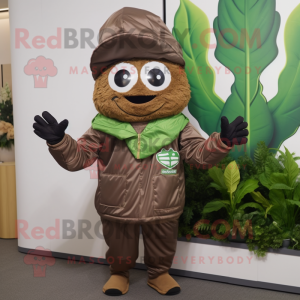 Brown Spinach mascot costume character dressed with a Windbreaker and Hats