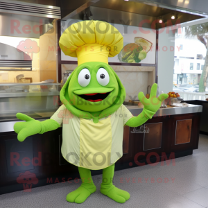 Lime Green Paella mascot costume character dressed with a Long Sleeve Tee and Hats