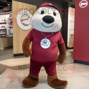 Maroon Seal mascot costume character dressed with a Chinos and Shoe clips
