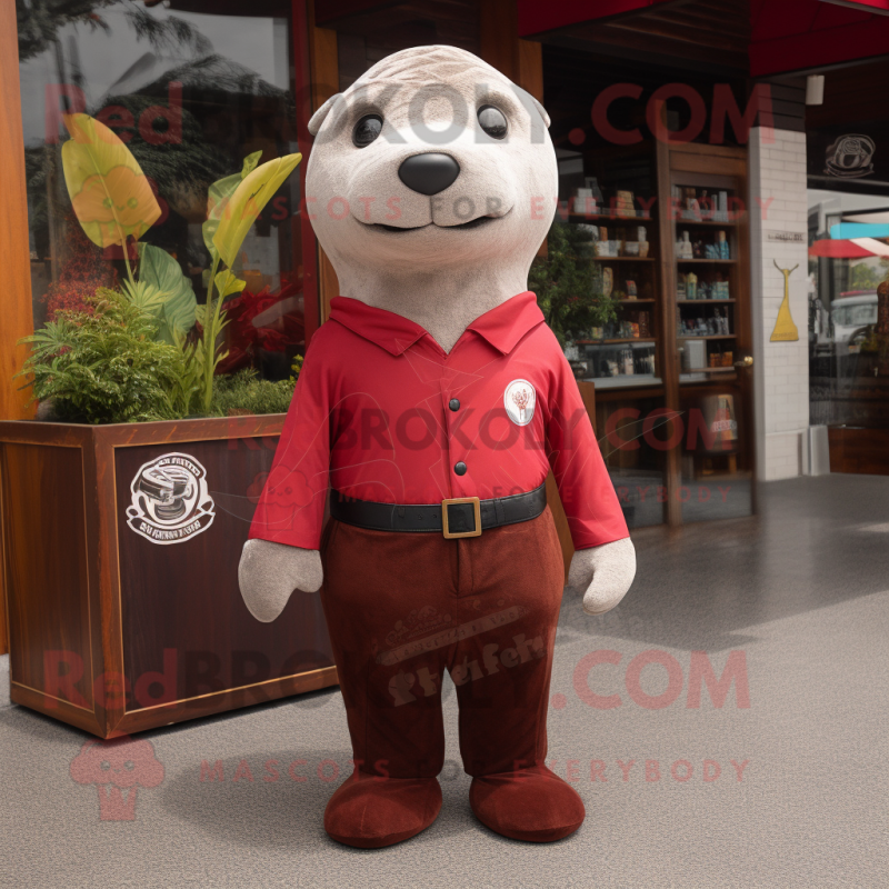 Maroon Seal mascot costume character dressed with a Chinos and Shoe clips