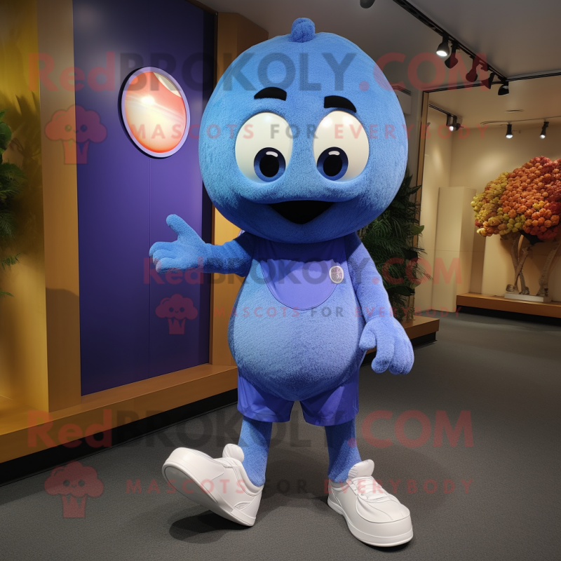 Blue Plum mascot costume character dressed with a Long Sleeve Tee and Shoe laces