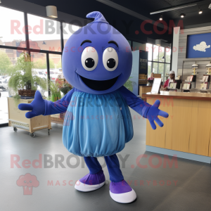 Blue Plum mascot costume character dressed with a Long Sleeve Tee and Shoe laces